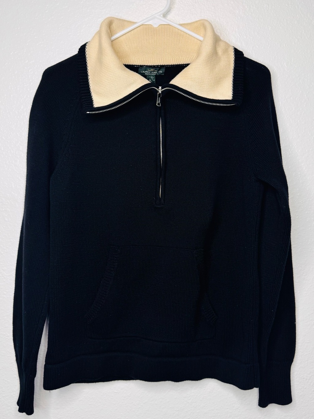 Lauren Ralph Lauren Black & Cream Half Zip Knit Cotton Pullover Sweater Pocket L